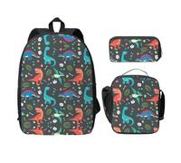 EdWal Mochilas con estampado de dinosaurios de dibujos animados con bolsa de almuerzo, estuche para lápices, 3 piezas, bolsa ligera para libros para la escuela secundaria, Black, Talla única