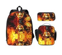 EdWal Mochilas con estampado de llamas de bombero, con estuche para el almuerzo, 3 piezas, bolsa ligera para libros para escuela secundaria, Black, Talla única