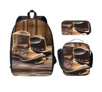 EdWal Mochilas con estampado de sombrero y botas de vaquero con bolsa de almuerzo, estuche para lápices, 3 piezas, bolsa ligera para libros para escuela secundaria, Black, Talla única