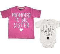 Edward Sinclair Conjunto de camiseta y body para bebé "Promoted to Big Sister" y "I'm The New Baby Brother", Chicle rosa/rosa y blanco a rayas, 3-4 Years / 0-3 Months