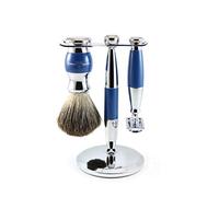 Edwin Jagger Blue Diffusion 36 Series - Juego de afeitar de 3 piezas con maquinilla de afeitar de doble filo y cepillo de tejón puro
