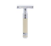 Edwin Jagger DES87RCBLAMZ Maquinilla de afeitar manual de mango corto y doble filo, ecológica y reutilizable, para hombres y mujeres, para crema de afeitar o jabón (recubierta de goma color marfil)