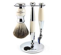 Edwin Jagger Faux Ivory Diffusion 36 Series - Juego de afeitado de 3 piezas con cepillo de tejón puro para cuchillas fusión