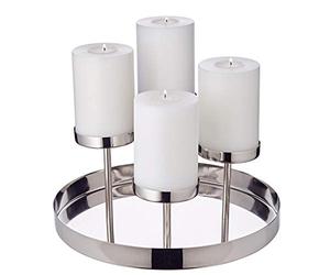 EDZARD Candelabro sobre Plato Marbella, Acero Inoxidable niquelado, Largo 31 cm, Alto 16 cm, para Velas de 4 pilares diámetro 8 cm, Velas Cornelius