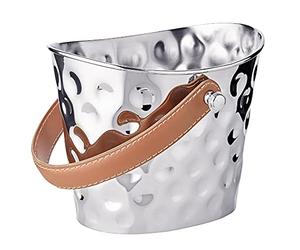 EDZARD Cubitera Gilbert, acero inoxidable niquelado, pulido, martillado, asa de cuero marrón, altura 17 cm, cubo para hielo, bol para cubitos de hielo, ice bucket