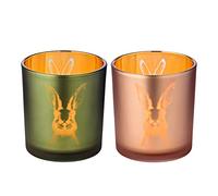 EDZARD Juego de 2 portavelas de Cristal, diseño de Conejo, 8 cm de Altura, 7 cm de diámetro, Color Verde y Rosa