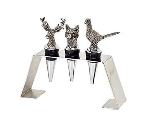EDZARD Juego de 3 Tapones para botellas Ciervo Zorro Faisán (H 9 cm) | acero inoxidable, con soporte, motivo de caza, regalo para cazadores, decoración de mesa