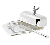 Edzard Mantequera Ciervo para 250 Gramos de Mantequilla, 13 x 18 cm, Plateada, Pulida de Alto Brillo, con Inserto de Vidrio, con Cuchillo de Mantequilla Incluido.