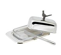 EDZARD Mantequillera / Mantequera Faisán, 13 x 18 cm, para 250 gramos de mantequilla, plateada, resistente al deslustre, con inserto tazón de vidrio, incl. cuchillo para mantequilla