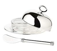 EDZARD Mantequillera / Mantequera Jago, diametro 14 cm, plateada, con inserto tazón de vidrio, incl. cuchillo para mantequilla, campana de mantequilla