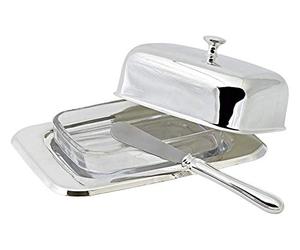 EDZARD Mantequillera / Mantequera Mista, 13 x 18 cm, para 250 gramos de mantequilla, plateada, resistente al deslustre, con inserto tazón de vidrio, in uchillo para mantequilla