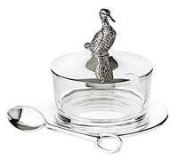 EDZARD Tarro de mermelada/azucarero Pato, con platillo, plateado, con cuchara de acero inoxidable, altura 12 cm, diámetro 14 cm, vidrio ø 10 cm