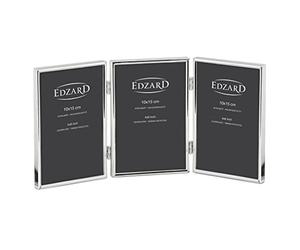 EDZARD Triple marco de fotos Genua para 3 fotos de 10 x 15 cm, plateado, protegido contra el deslustre, pared trasera de terciopelo, portafotos para poner abajo.