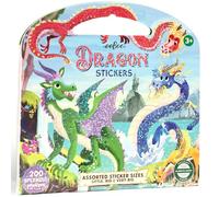 eeBoo: Libro de calcomanías brillantes de dragón, más de 200 calcomanías de fantasía brillante, 3 tamaños: pequeño-grande-muy grande, asa de transporte, varias versiones míticas, niños a partir de 3