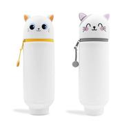 EEPLUYTY Estuche Escolar Kawaii 2 En 1 De Silicona Blanda, Estuche Vertical De Silicona, Cremallera De Silicona, Bonito Dibujo Animado DIY (Gato Blanco)