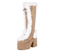 Eestfy Botas Altas Retro con Plataforma Ante Borde De Piel Sintética Tacón Grueso Cremallera Lateral Estilo Invernal para Días Fríos Y Actividades Al Aire Libre,Caqui,45 EU