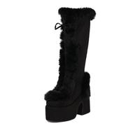 Eestfy Botas Altas Retro con Plataforma Ante Borde De Piel Sintética Tacón Grueso Cremallera Lateral Estilo Invernal para Días Fríos Y Actividades Al Aire Libre,Negro,38 EU