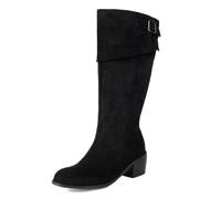 Eestfy Botas De Mujer Media Pantorrilla De Gamuza Punta Redonda Tacón Bloque Apilado Detalle De Hebilla Botas Largas para Invierno, Salida Nocturna & Fiesta De Cóctel,Negro,43 EU