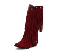 Eestfy Botas Estrella Cowgirl Western Mujer Rodilla con Flecos Capas Declaración Moda Campo Exterior Festival Música Viaje,Burgundy,39 EU