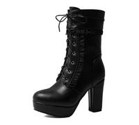 Eestfy Botas Mujer Lolita Plataforma Tacón Alto Volantes Cordones Tacón Grueso Cremallera Lateral Estilo Streetwear Punk Dulce para Otoño Invierno,Negro,48 EU