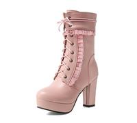 Eestfy Botas Mujer Lolita Plataforma Tacón Alto Volantes Cordones Tacón Grueso Cremallera Lateral Estilo Streetwear Punk Dulce para Otoño Invierno,Rosado,47 EU