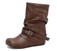 Eestfy Botas Mujeres Altura Medio Gemelo con Hebilla Tacón de Bloque Grueso Punta Redonda Estilo Casual Botas de Moda para Uso Diario Otoño e Invierno,Marrón,34 EU