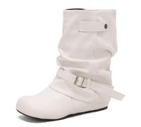 Eestfy Botas Mujeres Altura Medio Gemelo con Hebilla Tacón de Bloque Grueso Punta Redonda Estilo Casual Botas de Moda para Uso Diario Otoño e Invierno,Blanca,48 EU