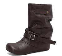 Eestfy Botas Mujeres Altura Medio Gemelo con Hebilla Tacón de Bloque Grueso Punta Redonda Estilo Casual Botas de Moda para Uso Diario Otoño e Invierno,Dark Brown,39 EU