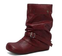 Eestfy Botas Mujeres Altura Medio Gemelo con Hebilla Tacón de Bloque Grueso Punta Redonda Estilo Casual Botas de Moda para Uso Diario Otoño e Invierno,Burgundy,44 EU
