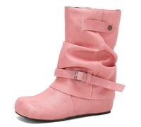 Eestfy Botas Mujeres Altura Medio Gemelo con Hebilla Tacón de Bloque Grueso Punta Redonda Estilo Casual Botas de Moda para Uso Diario Otoño e Invierno,Rosado,36 EU