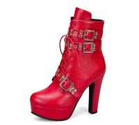 Eestfy Botas Plataforma Gótica Cuero Sintético Tacón Alto Correas Tachonadas Cordones Estilo Combate Hebilla Plata Fiesta Rock,Rojo,43 EU