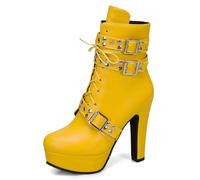 Eestfy Botas Plataforma Gótica Cuero Sintético Tacón Alto Correas Tachonadas Cordones Estilo Combate Hebilla Plata Fiesta Rock,Amarillo,34 EU