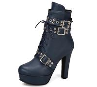 Eestfy Botas Plataforma Gótica Cuero Sintético Tacón Alto Correas Tachonadas Cordones Estilo Combate Hebilla Plata Fiesta Rock,Azul,50 EU