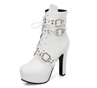 Eestfy Botas Plataforma Gótica Cuero Sintético Tacón Alto Correas Tachonadas Cordones Estilo Combate Hebilla Plata Fiesta Rock,Blanca,35 EU
