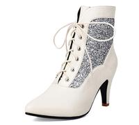 Eestfy Botas Tobillera Mujeres con Tacón Tacón Block Cordón Punta Afilada Botas Cortas Retro para Invierno & Cocktail Party Forro Suave Suela Goma,Blanca,44 EU
