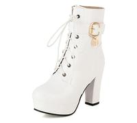 Eestfy Botas Tobillera Mujeres Impermeable Chunky Tacón Block Cordón Plataforma Cuero Botas Cortas con Cremallera Lateral para Otoño & Invierno Ropa de Oficina & Reunión de Negocios,Blanca,37 EU