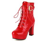 Eestfy Botas Tobillera Mujeres Impermeable Chunky Tacón Block Cordón Plataforma Cuero Botas Cortas con Cremallera Lateral para Otoño & Invierno Ropa de Oficina & Reunión de Negocios,Rojo,40 EU