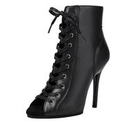 Eestfy Botas Tobillo Mujeres Punta Abierta Cordones Piel Tacón Stiletto Alto Cierre Lateral Cremallera Ciudad Calle Estilo Moda Confort,Negro,36 EU