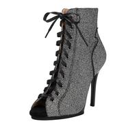 Eestfy Botas Tobillo Mujeres Punta Abierta Cordones Piel Tacón Stiletto Alto Cierre Lateral Cremallera Ciudad Calle Estilo Moda Confort,Black Crystal,39 EU