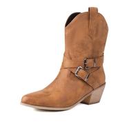 Eestfy Mujeres Botas Tobillo Tacón Bloque Detalle Doble Correa Hebilla Cierre Cremallera Lateral para Uso Fin Semana Casual,Marrón,36 EU
