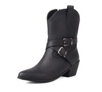 Eestfy Mujeres Botas Tobillo Tacón Bloque Detalle Doble Correa Hebilla Cierre Cremallera Lateral para Uso Fin Semana Casual,Negro,41 EU