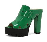 Eestfy Mules de Plataforma Mujer Tacón de Bloque Grueso Charol Punta Peep Toe Slip On Sandalias de Vestir Suela Lug High Heel Slides para Estilo Urbano y Salidas de Verano,Verde,34 EU