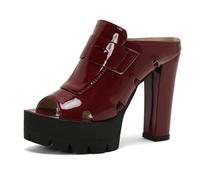 Eestfy Mules de Plataforma Mujer Tacón de Bloque Grueso Charol Punta Peep Toe Slip On Sandalias de Vestir Suela Lug High Heel Slides para Estilo Urbano y Salidas de Verano,Burgundy,37 EU