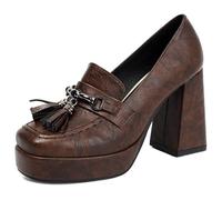 Eestfy Pumps De Plataforma Retro Borla Tacón Grueso Punta Cuadrada Slip On Court Zapatos Mocasines Vintage para Estilo Callejero Y Atuendo Diario,Marrón,35 EU