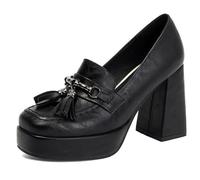 Eestfy Pumps De Plataforma Retro Borla Tacón Grueso Punta Cuadrada Slip On Court Zapatos Mocasines Vintage para Estilo Callejero Y Atuendo Diario,Negro,40 EU