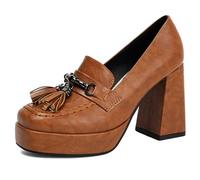 Eestfy Pumps De Plataforma Retro Borla Tacón Grueso Punta Cuadrada Slip On Court Zapatos Mocasines Vintage para Estilo Callejero Y Atuendo Diario,Amarillo,35 EU