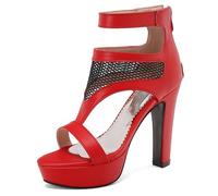 Eestfy Sandalias De Plataforma Estilo Europeo Tacón De Bloque Grueso Malla Recorte Punta Abierta Tira Tobillo Tacones Altos De Moda para Vacaciones Y Atuendo De Verano,Rojo,47 EU