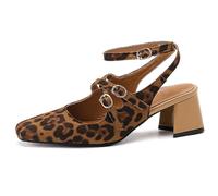 Eestfy Sandalias Mujer Leopardo Slingback Ante Punta Cerrada Cuadrada Tacón Ancho Triple Hebilla para Fiesta Boda Noche,Hawksbill,45 EU