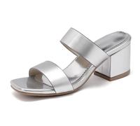 Eestfy Sandalias Plateado Metálico Tacón de Bloque Mujer Punta Abierta de Slip On Zapatos Mules Doble Tira Minimalistas Slides de Vestir de Verano de Vanguardia,Plata,40 EU