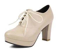 Eestfy Tacchi con Lacci e Plateau da Donna, Punta Afilata con Tacco Largo da 8CM Stile Oxford, Design Monocolore Comodo e Alla Moda per Ufficio ed Eventi,Caqui,38 EU